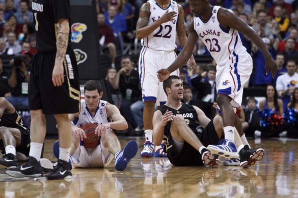 Colorado Buffaloes forward Austin Dufault reacts.